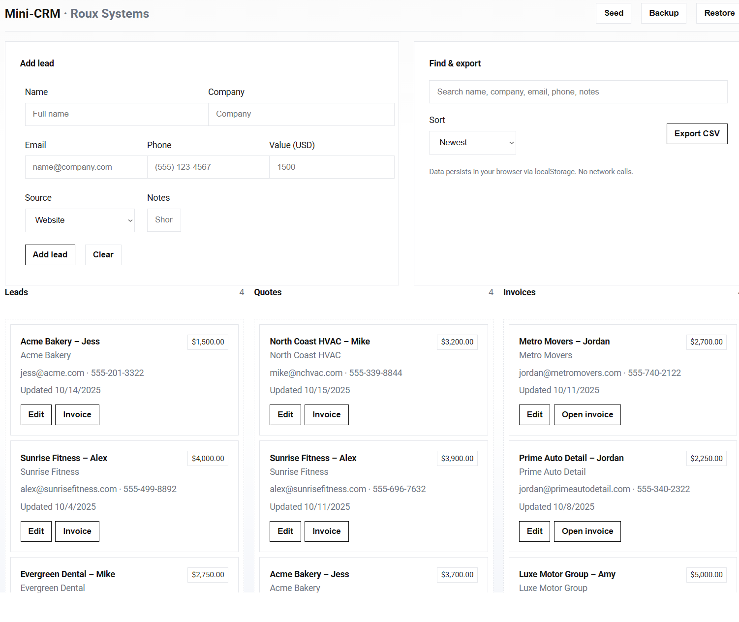 CRM Lite demo preview